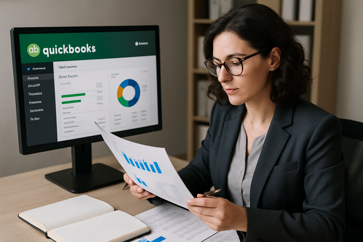 Professional bookkeeper reviewing financial reports with QuickBooks