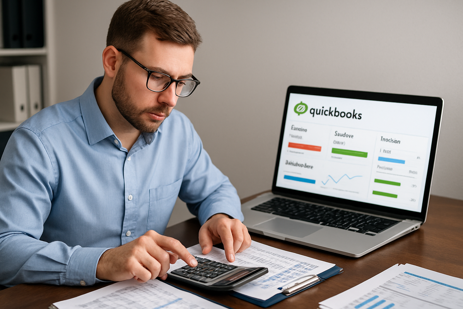 Professional bookkeeper working with financial documents and QuickBooks software